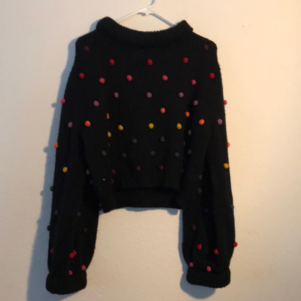 Farm Rio L Felt Ball Pom Pom Rainbow Sweater Black